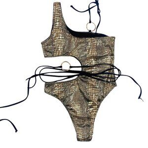 Gold One Piece Side Cut Snake Print Bikini